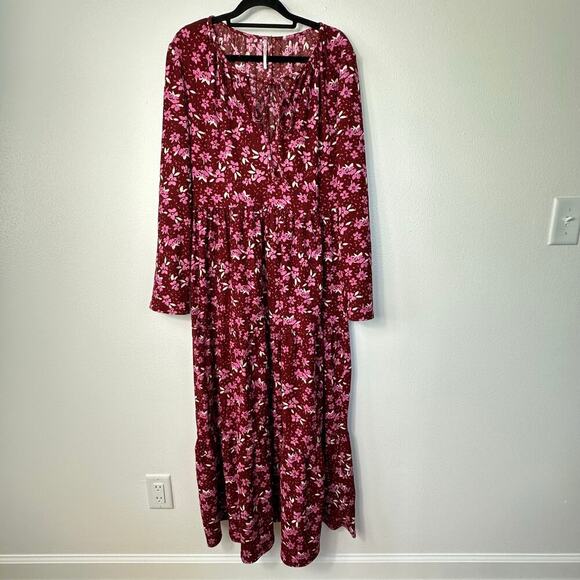 Free People Dress Tiers of Joy Midi Floral Long Sleeve Plum Combo Red Pink L - Picture 2 of 10